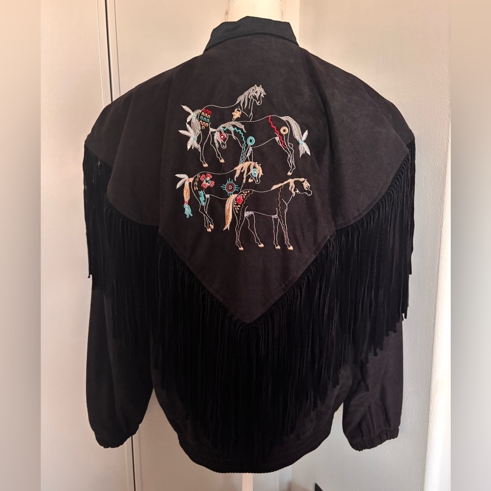 Vintage Black Fringe Western Button-Up Jacket with Embroidery Made in USA - Picture 10 of 12